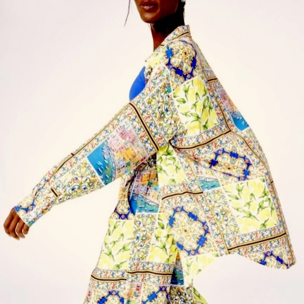 NWT Terez Amalfi Coast Patchwork Print Long Sleeve Blouse Yellow Blue Multi MED - Picture 16 of 16